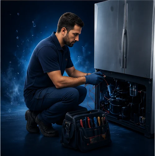 Técnico realizando manutenção preventiva em geladeira