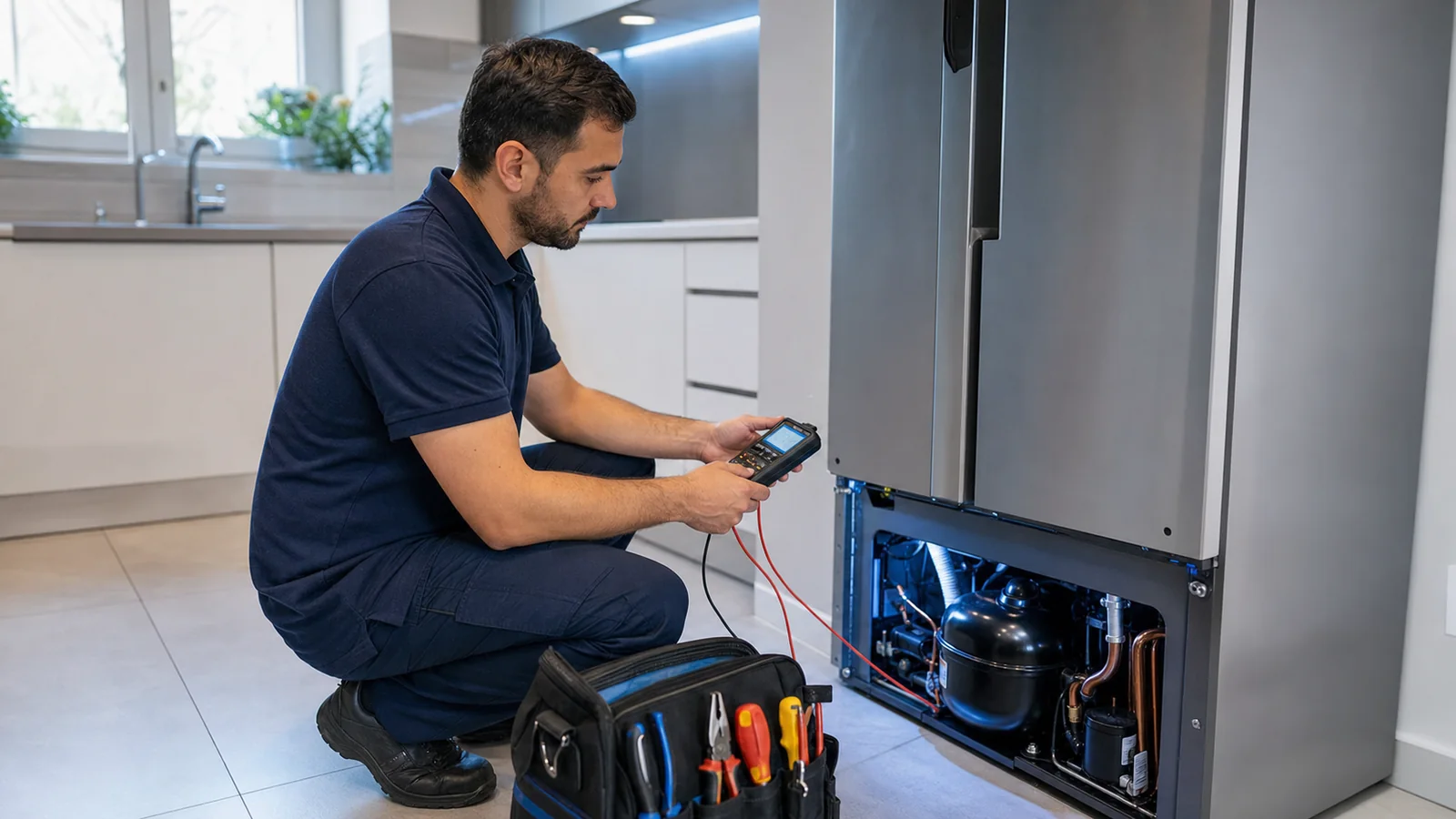 Técnico especializado avaliando uma geladeira moderna